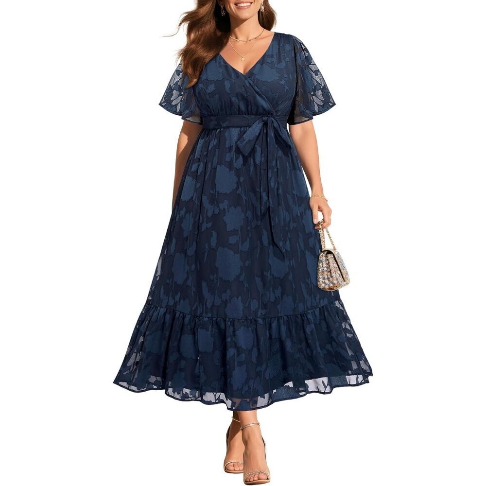 Plus Size Navy Blue V-Neck Maxi Dress for Wedding Guest Spring Summer